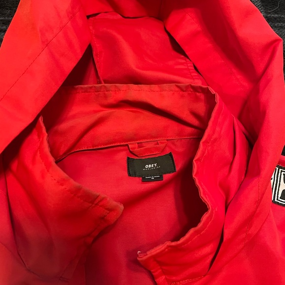Red Obey Jacket w/ a foldable hoodie attached. - Picture 3 of 7